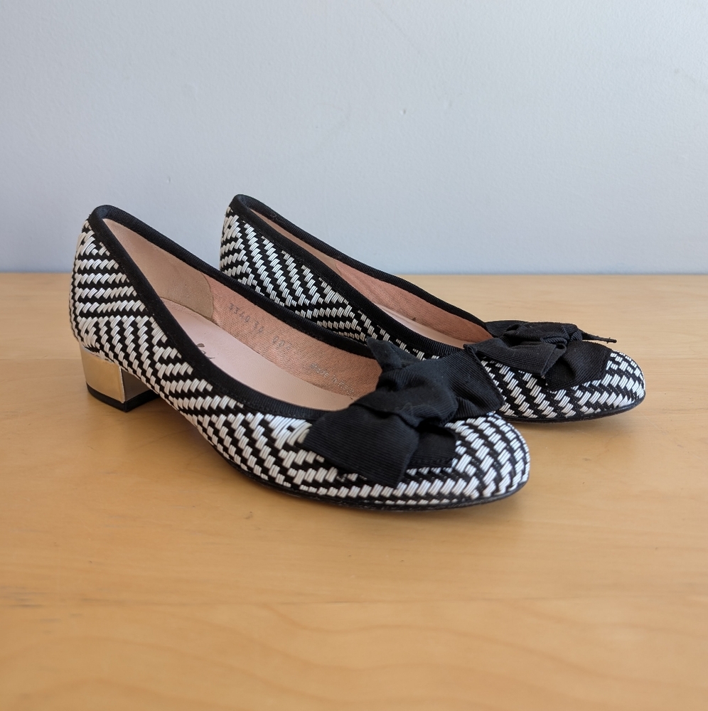 Ferca 81 | Black & White Woven Block Heel Shoe w Bow & Mirror Finish Heel